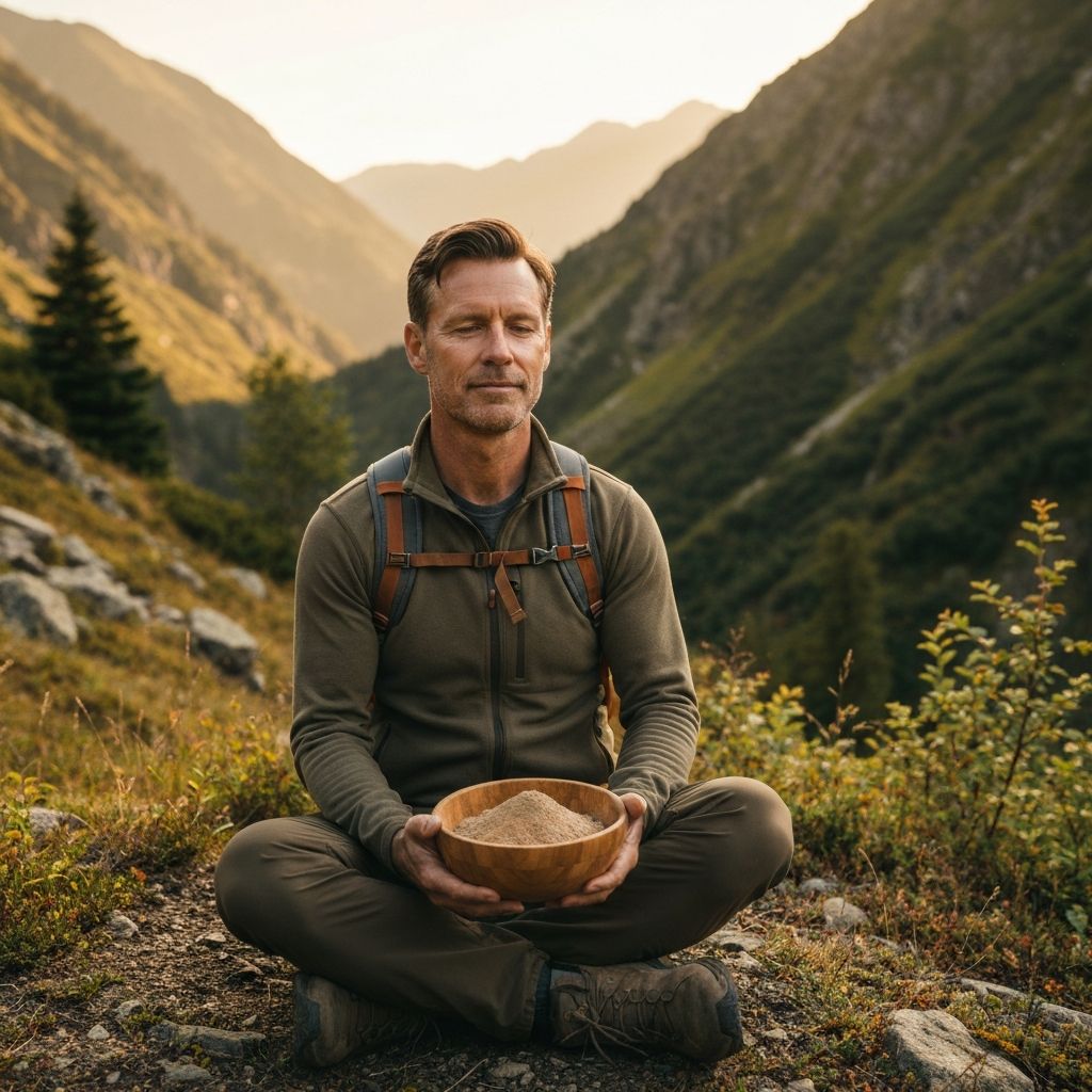 Man in mountain setting holding wooden bowl of botanical powder